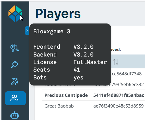 Mouse over on Bloxxgame icons displays license and addons