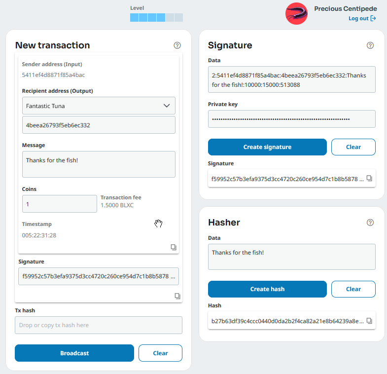 Building blocks of Bloxxgame: Signature, Hash, New transaction