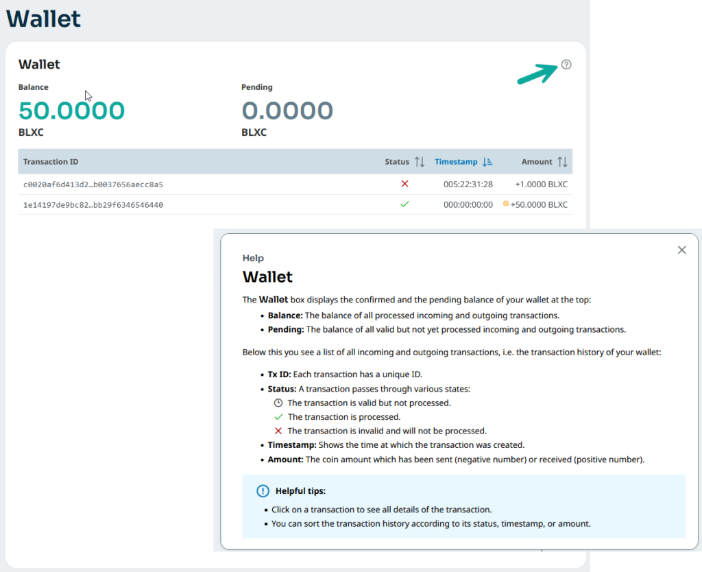 Wallet Box with its help text. Bloxxgame wallet with help function.