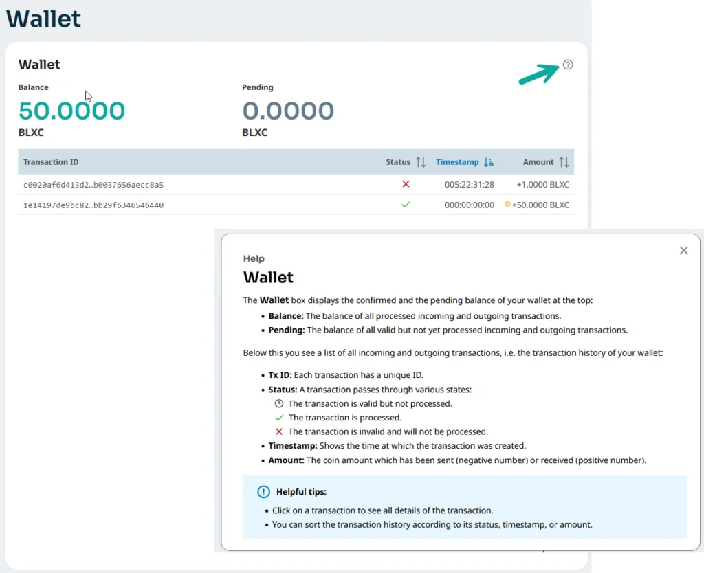 Wallet Box with its help text. Bloxxgame wallet with help function.